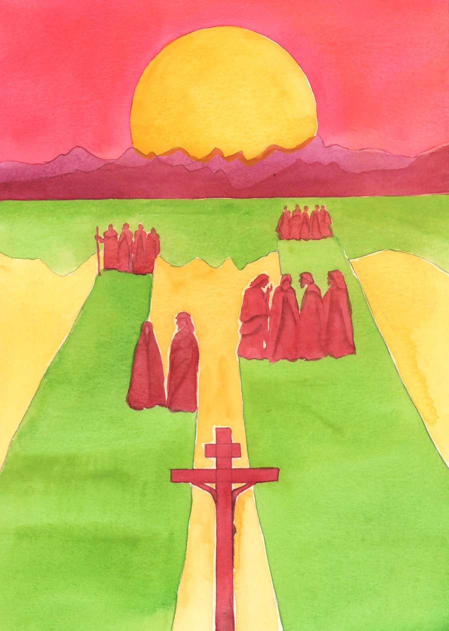 Chrystus ujrzał z Krzyża tłum gapiów: zdziwionych, ciekawskich, wrogich i sympatycznych, 2003 (w/c na papierze) autorstwa Elizabeth Wang