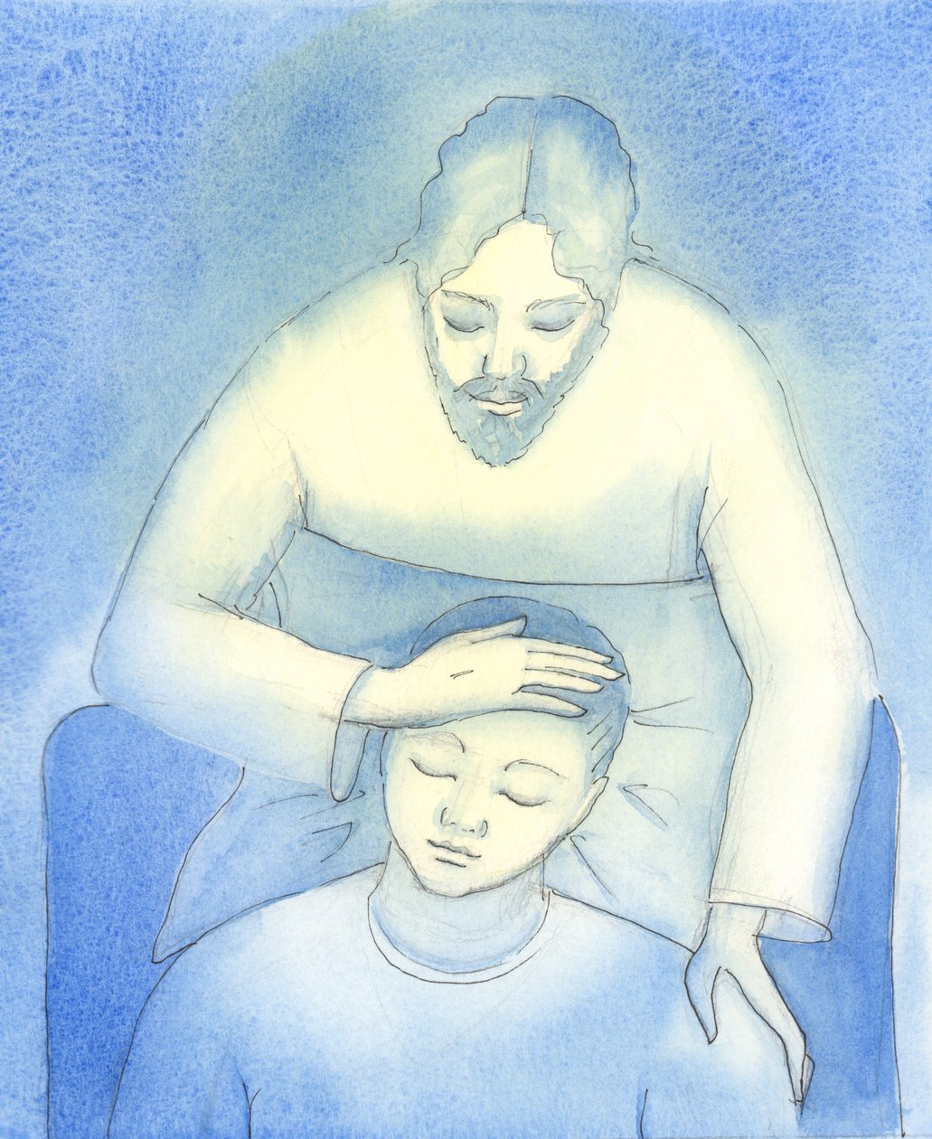 Chrystus widzi nasz ból i wyczerpanie i przychodzi do nas w Komunii św., by pocieszyć i dodać otuchy, jak matka głaska dziecko po włosach., 2004 (w/c na papierze) autorstwa Elizabeth Wang