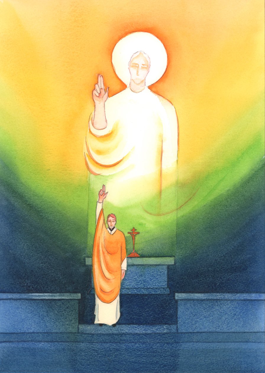 Chrystus przemawia i działa przez swoich kapłanów, którzy błogosławią i przebaczają „in persona Christi capitis”, „w osobie Chrystusa Głowy”, 2002 (w/c na papierze) autorstwa Elizabeth Wang