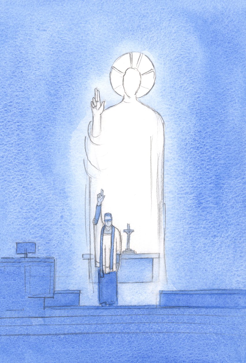Chrystus przemawia i działa przez swoich kapłanów, którzy błogosławią i przebaczają „in persona Christi capitis”, „w osobie Chrystusa Głowy”, 2002 (w/c na papierze) autorstwa Elizabeth Wang