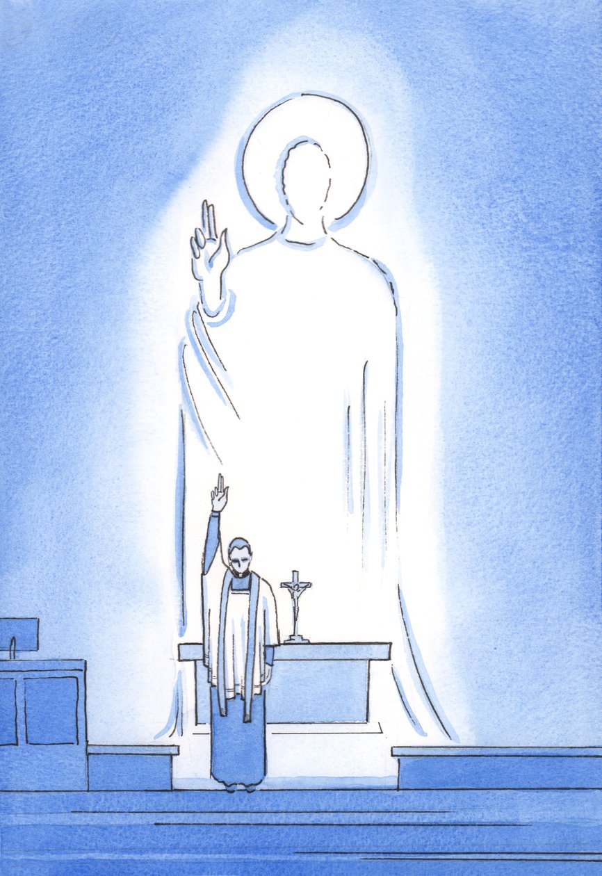 Chrystus przemawia i działa przez swoich kapłanów, którzy błogosławią i przebaczają „in persona Christi capitis”, „w osobie Chrystusa Głowy”, 2002 (w/c na papierze) autorstwa Elizabeth Wang