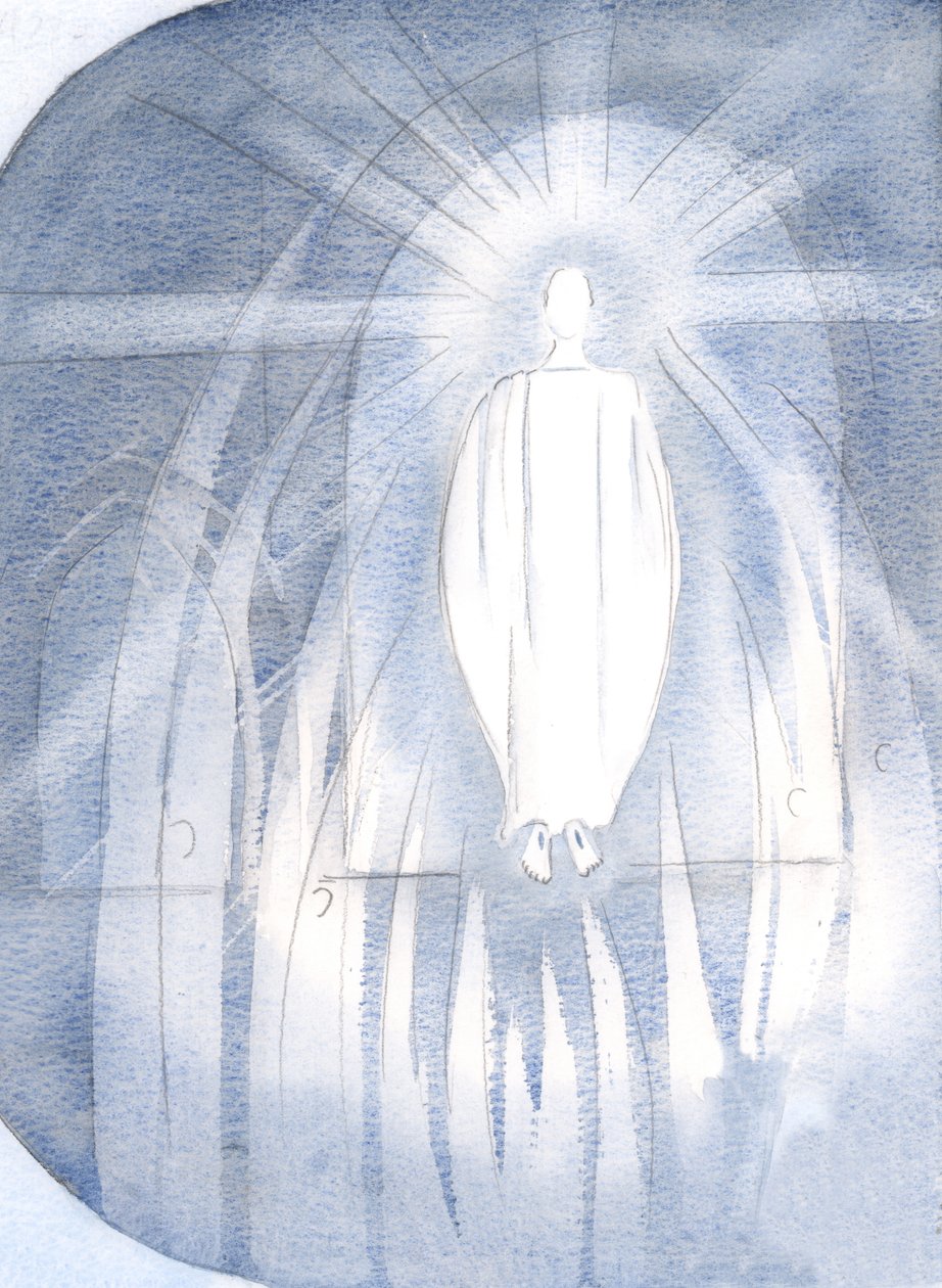 Chrystus stanął przed tabernakulum w otoczeniu adorujących aniołów., 2000 (w/c na papierze) autorstwa Elizabeth Wang