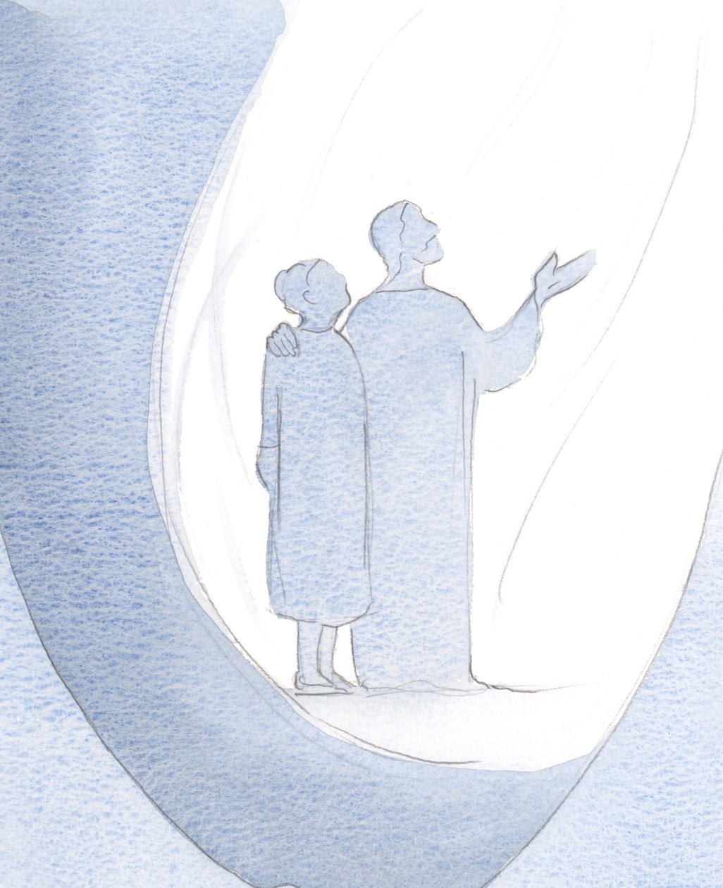 Chrystus prowadził mnie do stania obok Niego, prosząc naszego Ojca Niebieskiego o łaski dla innych., 2000 (w/c na papierze) autorstwa Elizabeth Wang