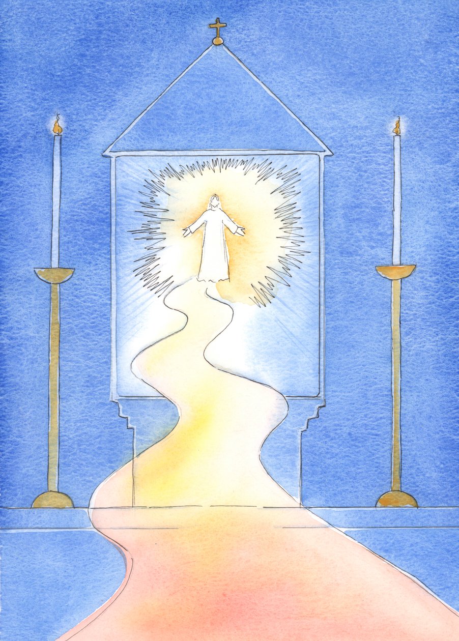 Chrystus, który wita nas w tabernakulum, również czeka, by powitać nas w Niebie - jeśli pokutowaliśmy za nasze grzechy, 2003 (w/c na papierze) autorstwa Elizabeth Wang