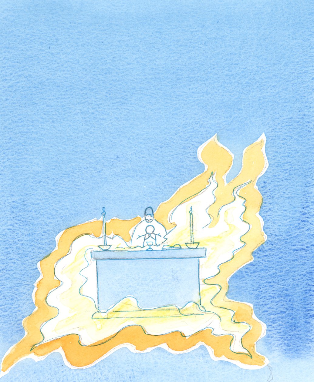 Płomienie buchają z przodu ołtarza, 2003 (w/c na papierze) autorstwa Elizabeth Wang