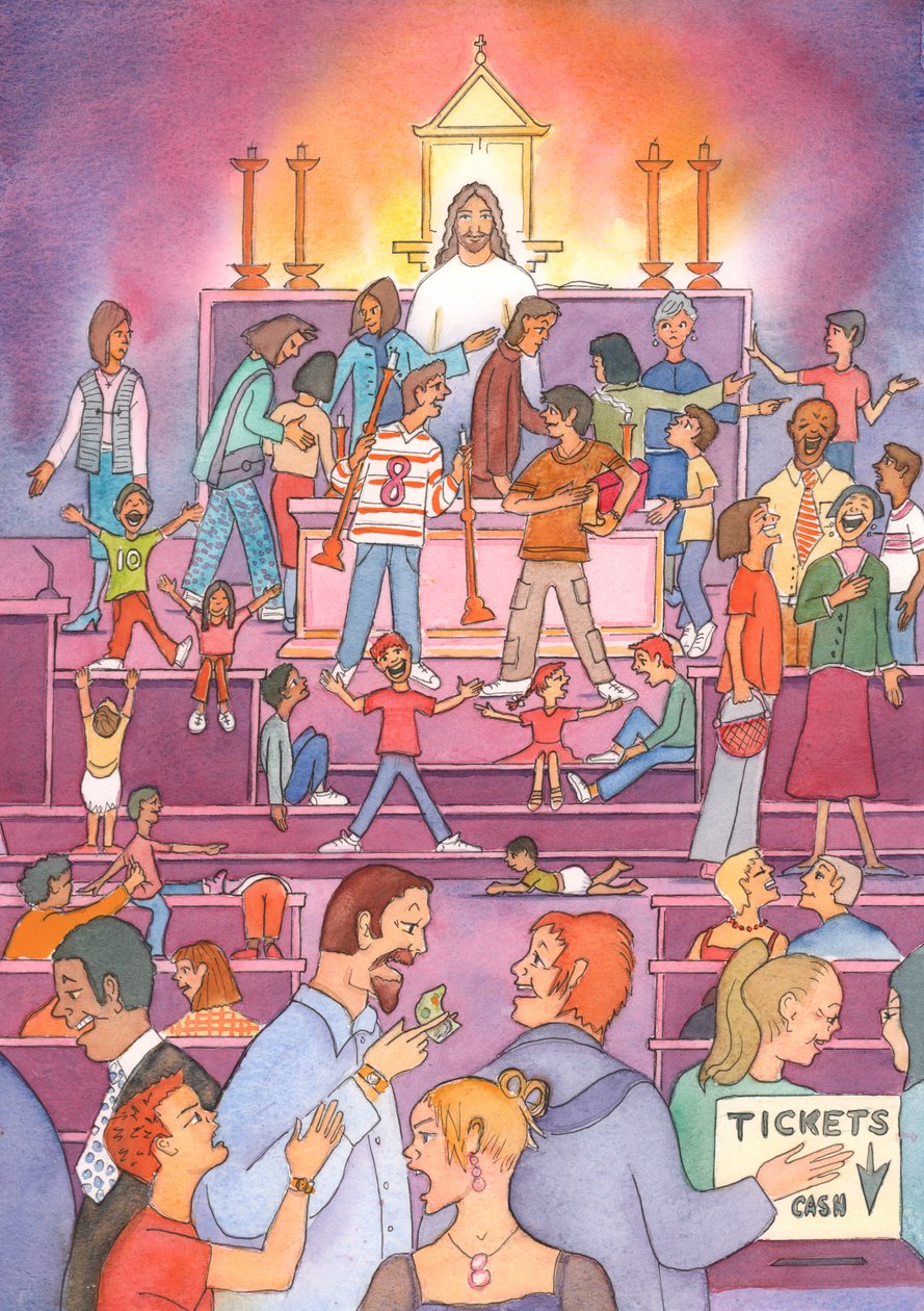 Z tabernakulum Chrystus patrzy ze smutkiem, jak widzi Swój święty „dom modlitwy” traktowany jako rynek, 2002 (w/c na papierze) autorstwa Elizabeth Wang