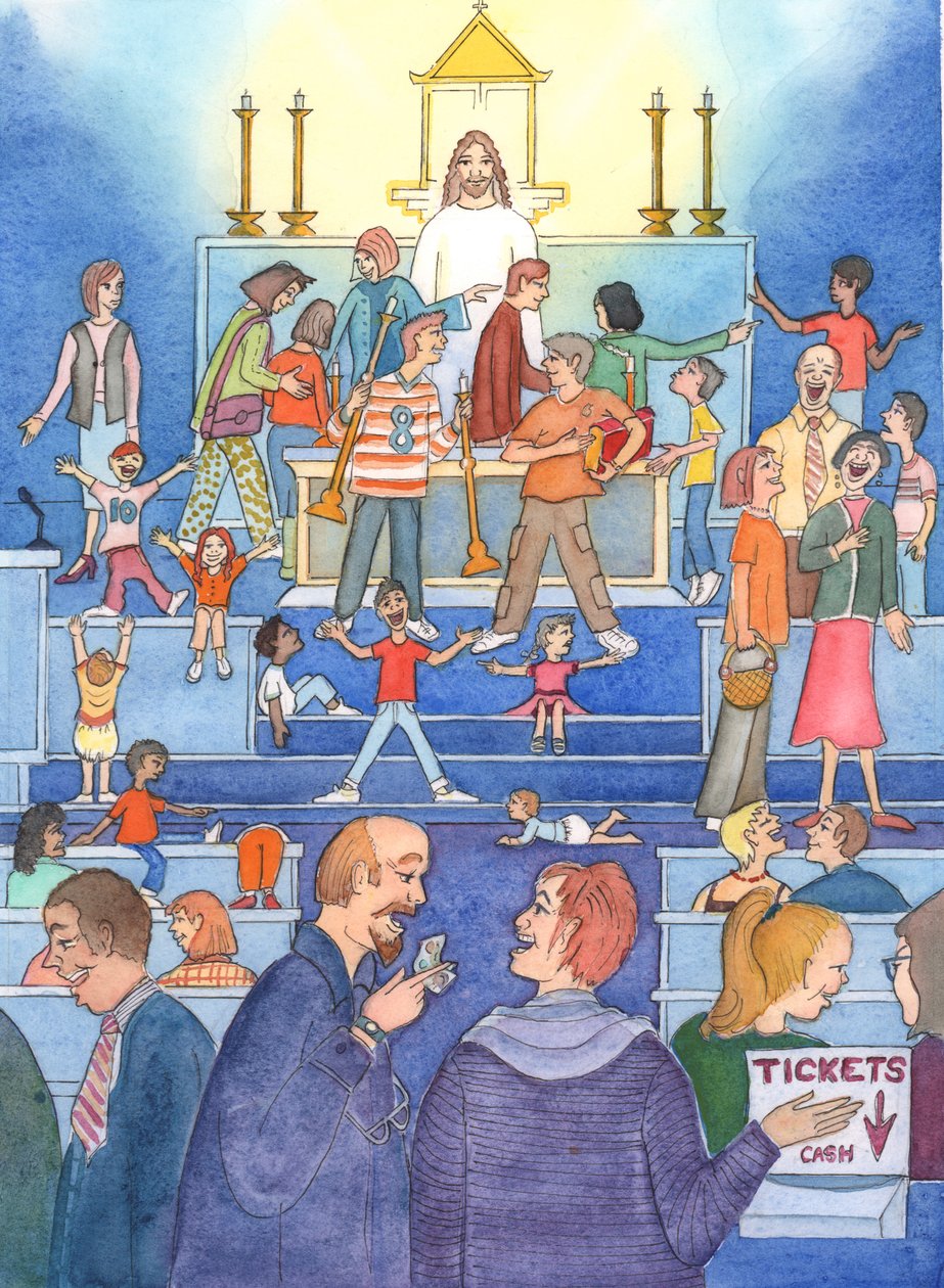 Z tabernakulum Chrystus patrzy ze smutkiem, jak widzi Swój święty „dom modlitwy” traktowany jako rynek, 2002 (w/c na papierze) autorstwa Elizabeth Wang