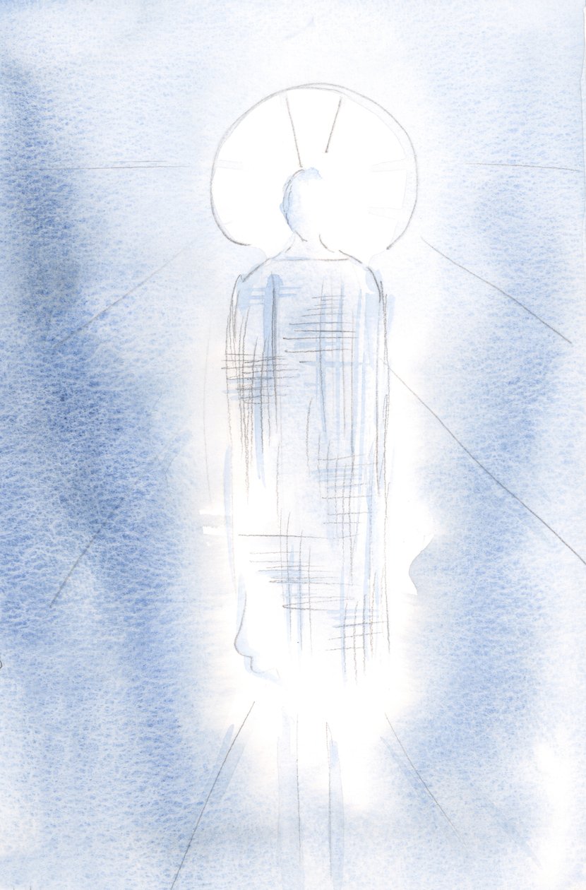 Stał w majestacie, w królewskiej szacie, z głową otoczoną światłem., 2001 (w/c na papierze) autorstwa Elizabeth Wang
