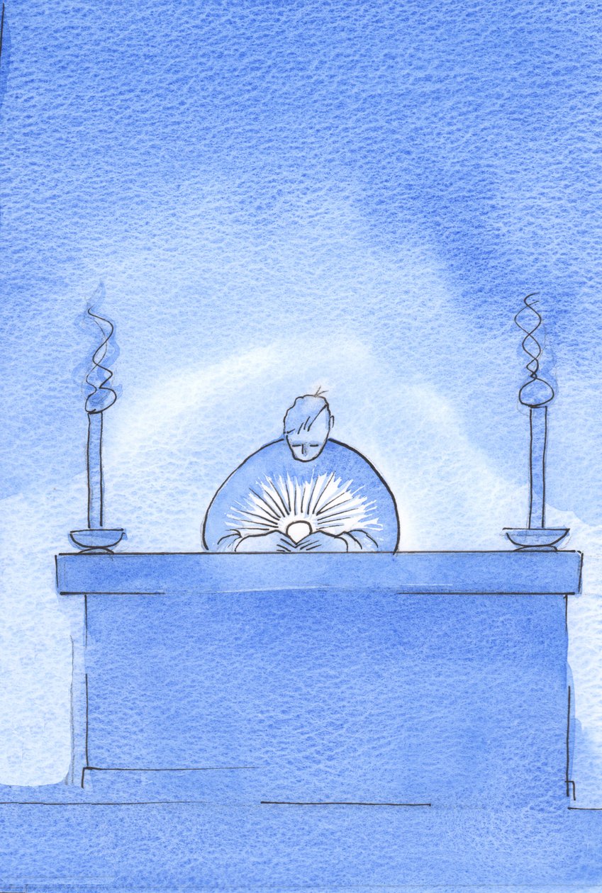 Widziałam promienie światła płynące ze Świętej Hostii: przypomnienie Boskości Chrystusa i pochodzenia obrazu „Promieniującego Światła”, 2003 (w/c na papierze) autorstwa Elizabeth Wang