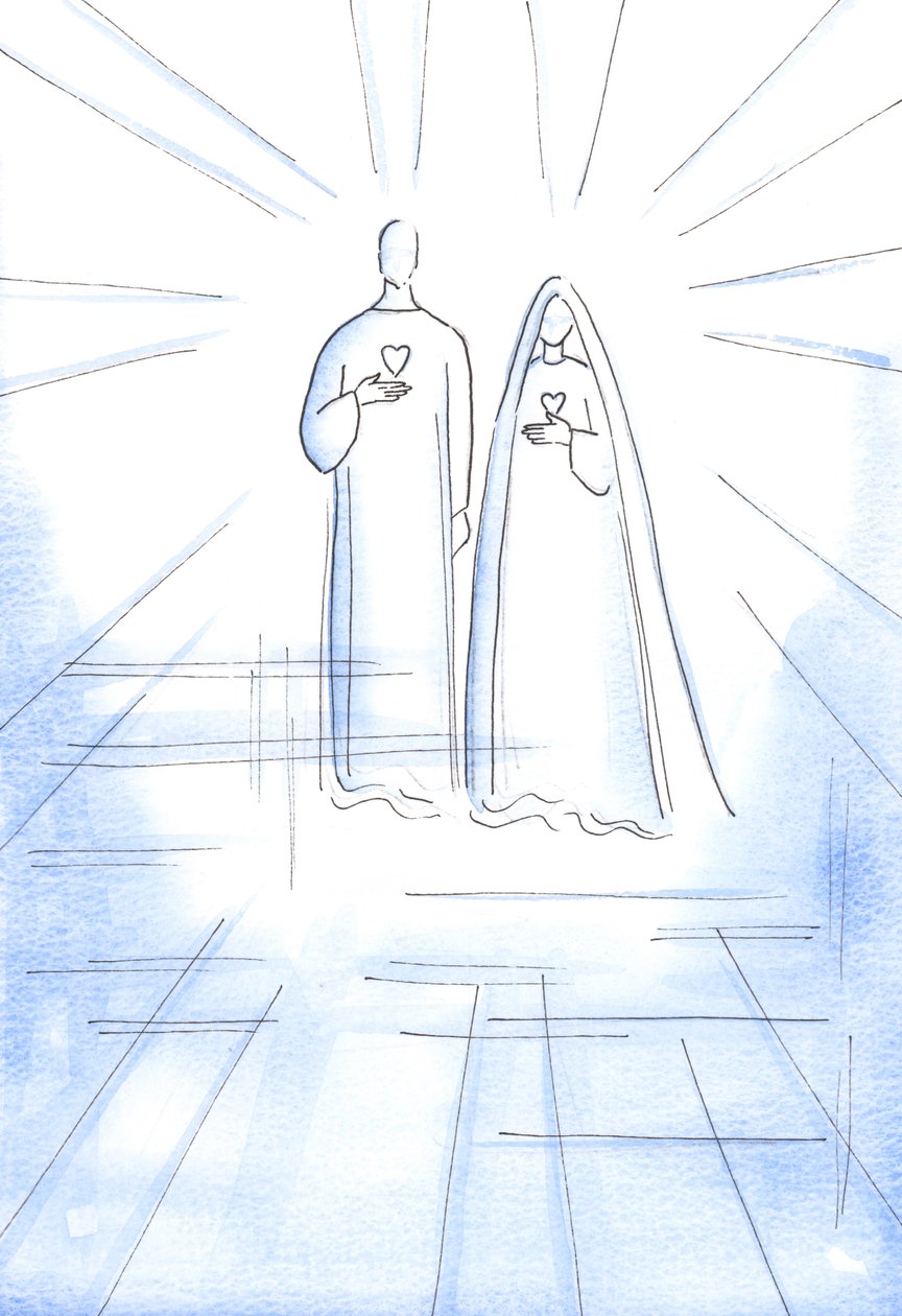 Pokazano mi Dwa Serca: bezgrzesznego Chrystusa i Jego Niepokalanej Matki, w Promienistym Świetle Nieba, 2002 (w/c na papierze) autorstwa Elizabeth Wang