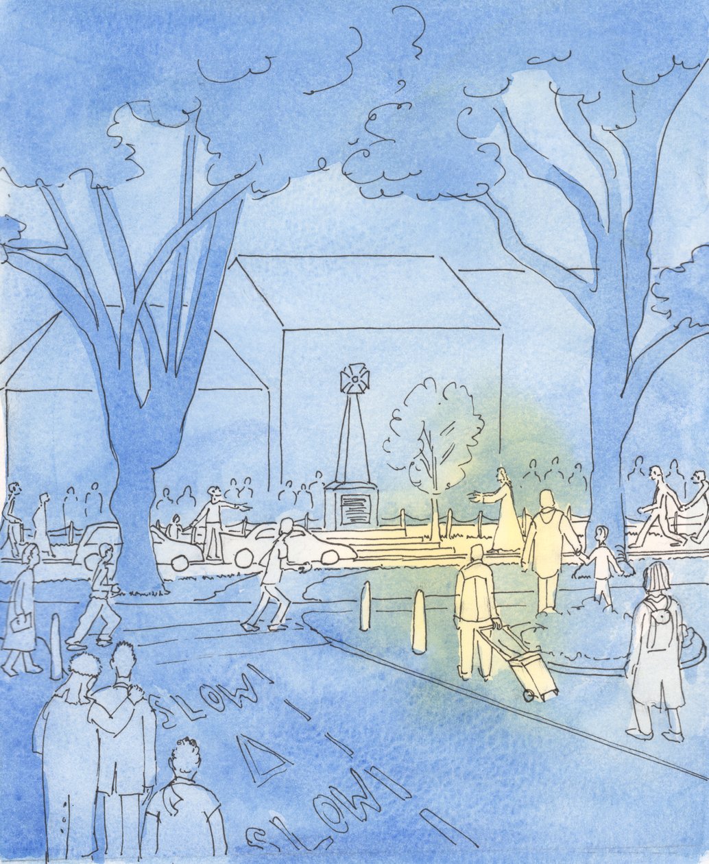 Gdyby Jezus szedł przez centrum miasta, ludzie rzuciliby się do Niego, 2003 (w/c na papierze) autorstwa Elizabeth Wang