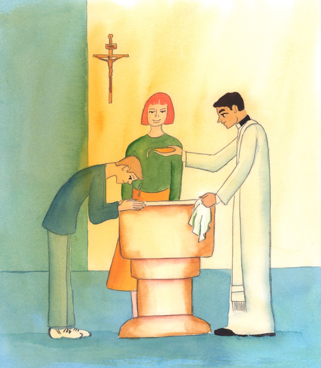 W chrzcie człowiek staje się dzieckiem Bożym – „zaadoptowanym” – przemienionym, wzmocnionym przez Ducha Świętego, 2004 (w/c na papierze) autorstwa Elizabeth Wang