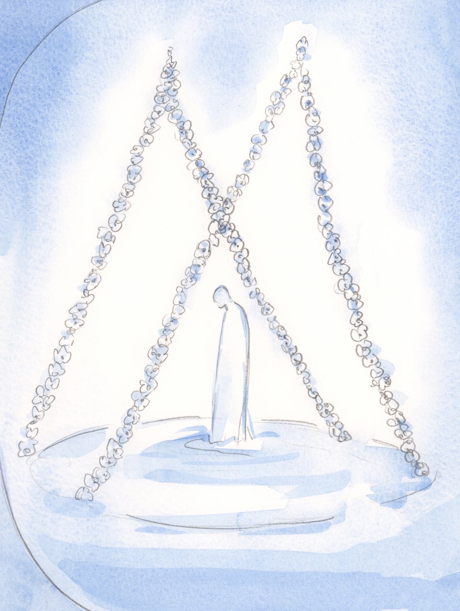 W Niebie girlandy wisiały nad miejscem, w którym oddany kapłan Matki Bożej przyjął Bożą nagrodę i chwałę, 2002 (w/c na papierze) autorstwa Elizabeth Wang