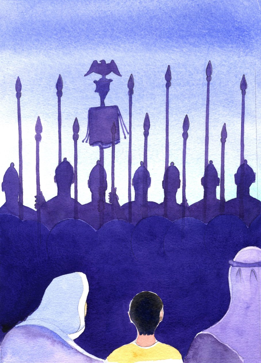 W dzieciństwie Jezus był przyzwyczajony do oglądania rzymskich żołnierzy i ukrzyżowań, 2001 (w/c na papierze) autorstwa Elizabeth Wang