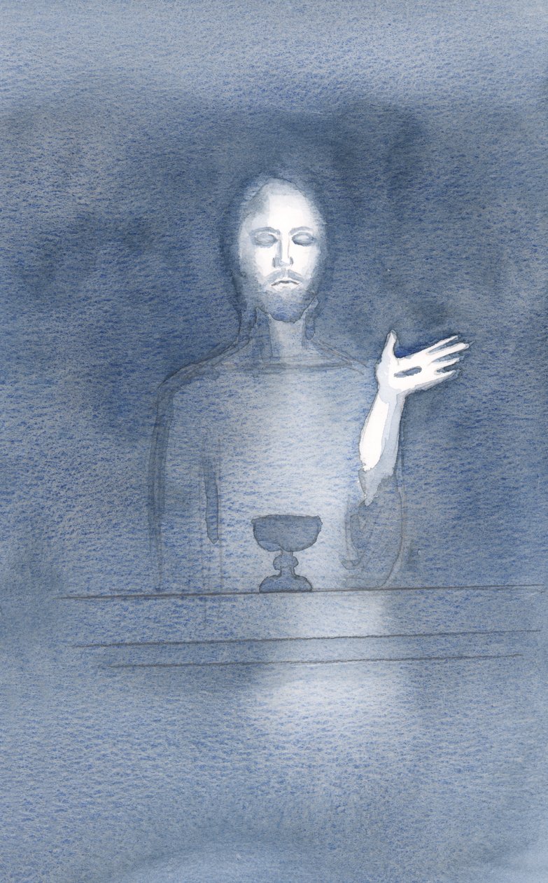 W swoim miłosierdziu Chrystus przychodzi do naszego ołtarza, codziennie, gdy Go witamy, w ciemności wiary, 2000 (w/c na papierze) autorstwa Elizabeth Wang