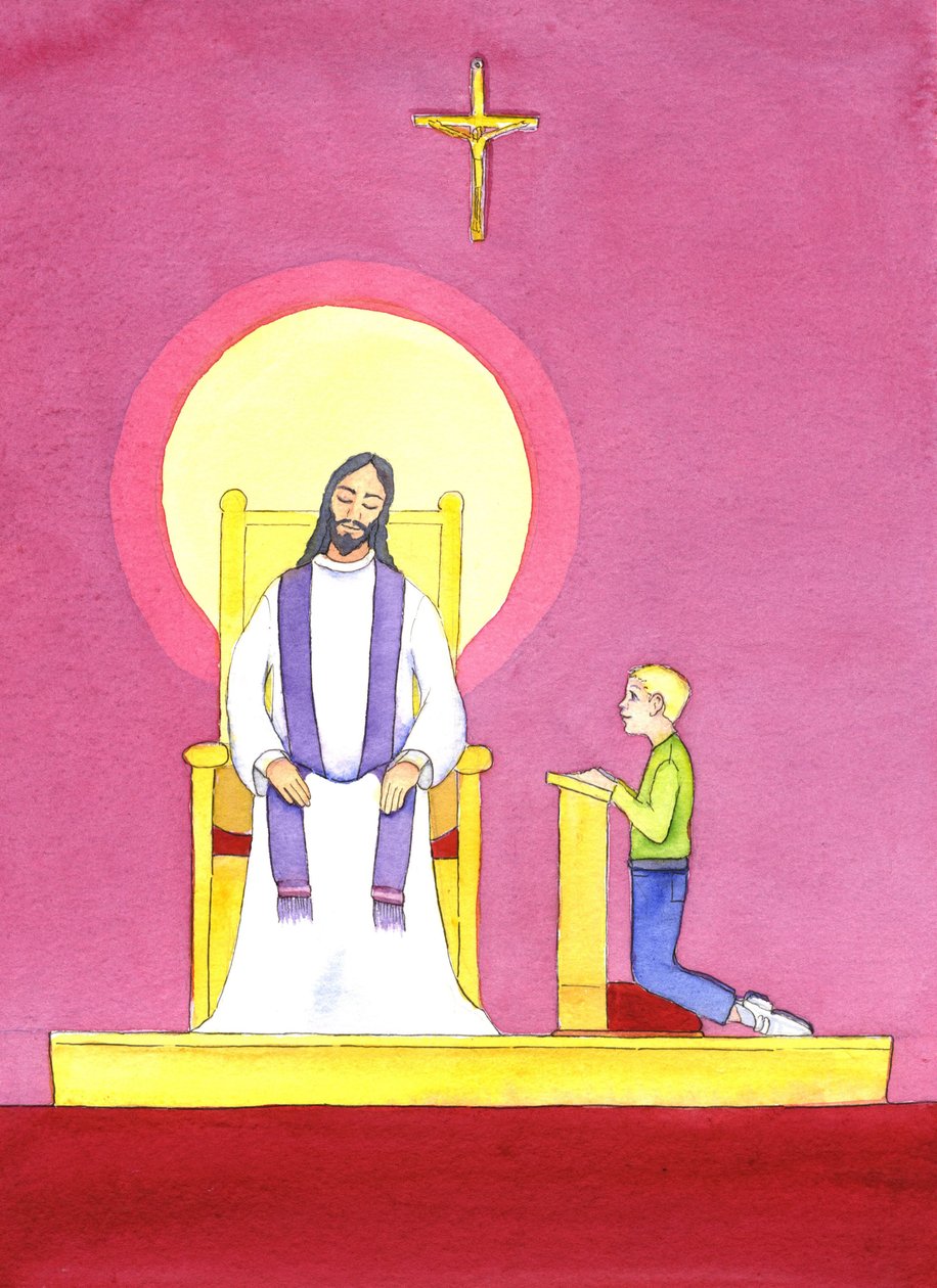 W sakramencie spowiedzi kapłan służy w osobie Chrystusa, niosąc współczucie i miłosierdzie penitentowi, 2001 (w/c na papierze) autorstwa Elizabeth Wang