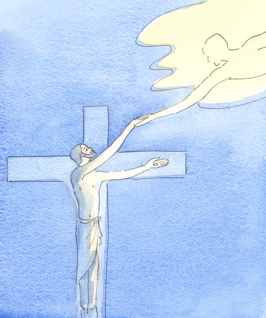 To na Kalwarii Chrystus stworzył most, przez który wszyscy, którzy do Niego przychodzą, mogą dotrzeć do Nieba; i to na Mszy znajdujemy Kalwarię, 2002 (w/c na papierze) autorstwa Elizabeth Wang