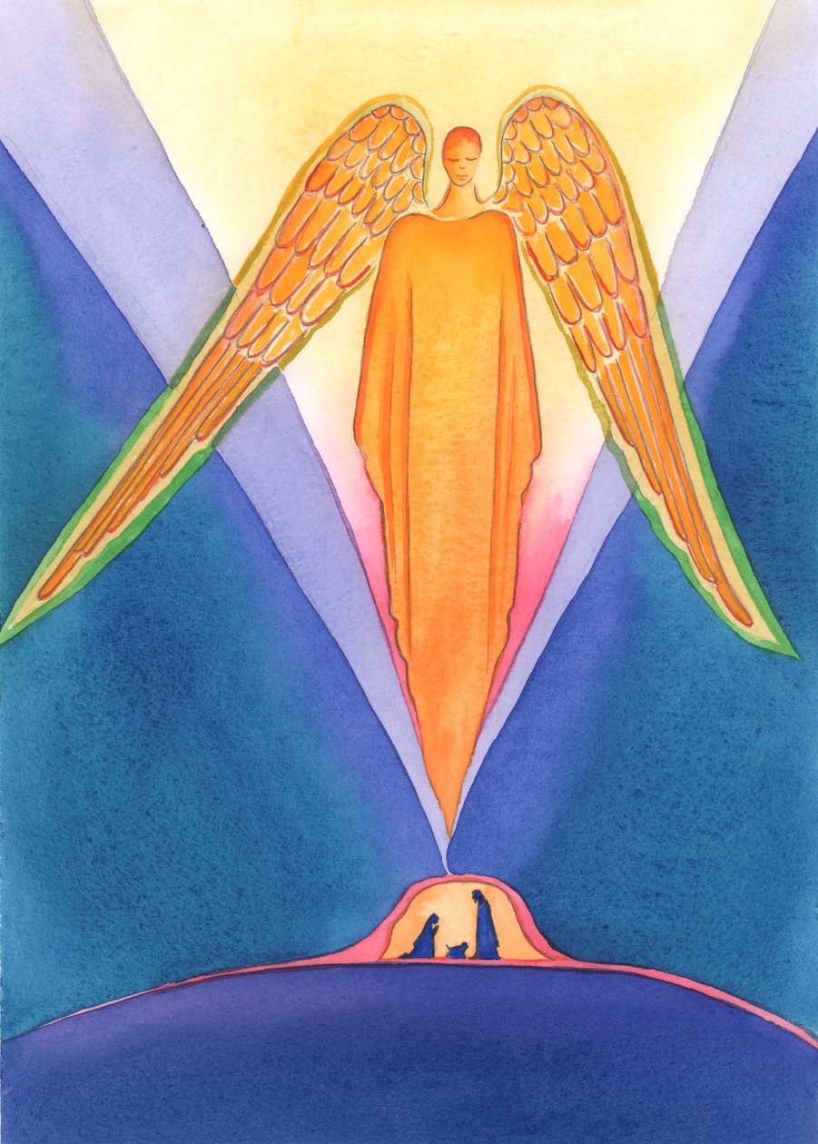 Jezus Chrystus przyszedł, aby dzielić z nami życie na ziemi, w swoim Narodzeniu, abyśmy mogli pójść do Nieba, 2005 (akwarela na papierze) autorstwa Elizabeth Wang