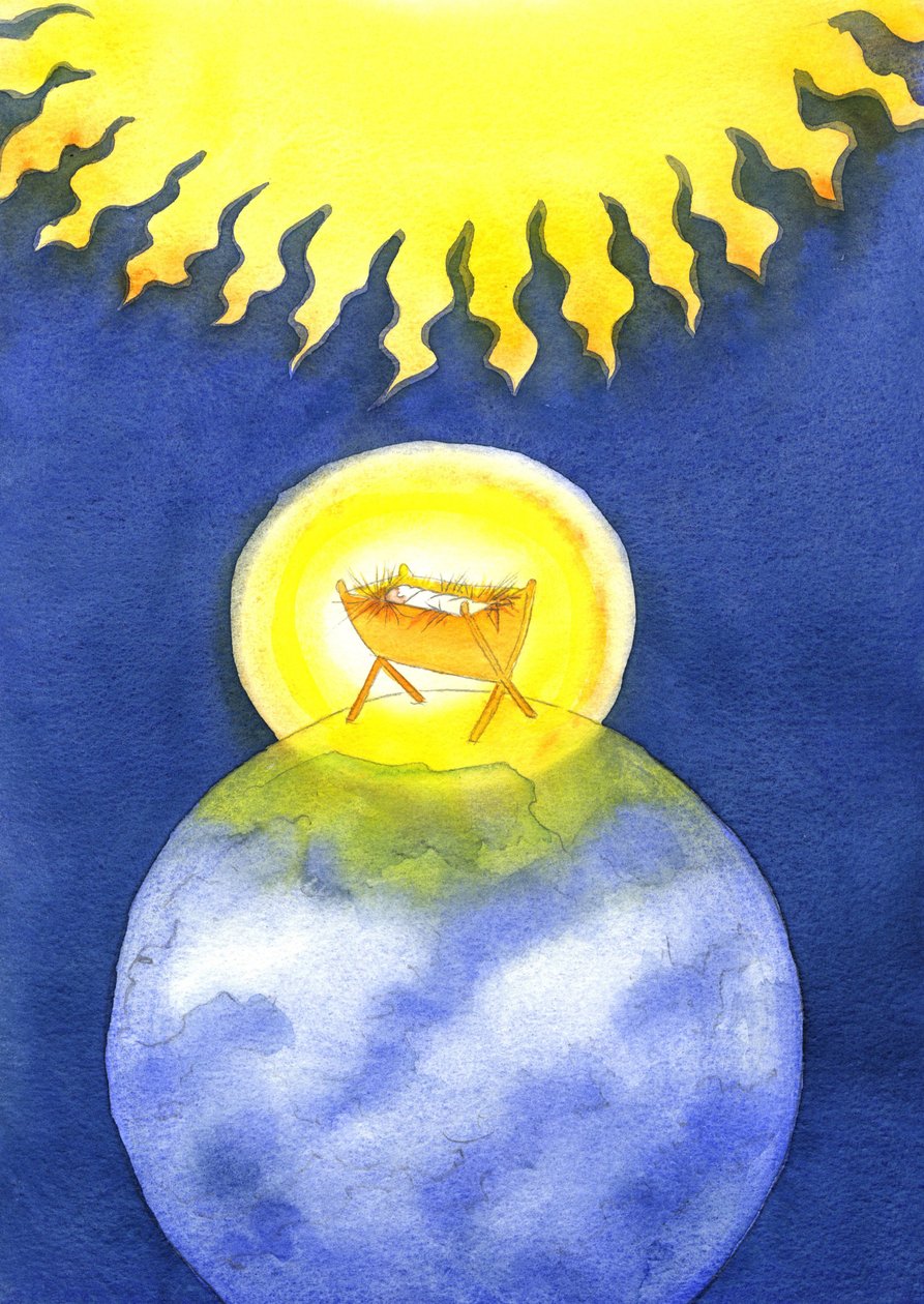 Jezus Chrystus jest Bogiem-człowiekiem; jednak przyszedł na ziemię nie w mocy, ale jako bezradne dziecko, 2001 (w/c na papierze) autorstwa Elizabeth Wang