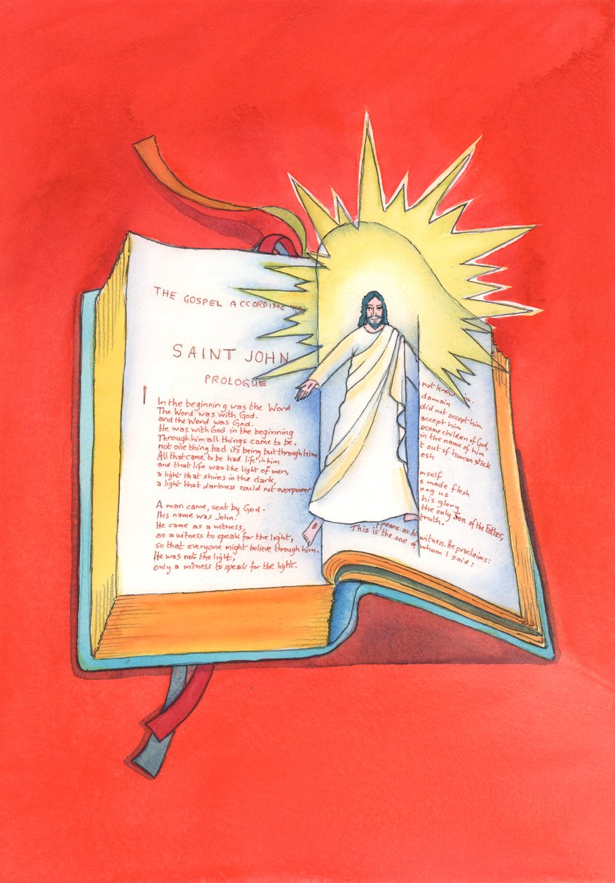 Jezus Chrystus objawia się nam przez Jego święte Słowo, ilekroć czytamy Pismo Święte lub słyszymy je głoszone na Mszy. Przez Niego poznajemy Ojca., 2004 (w/c na papierze) autorstwa Elizabeth Wang