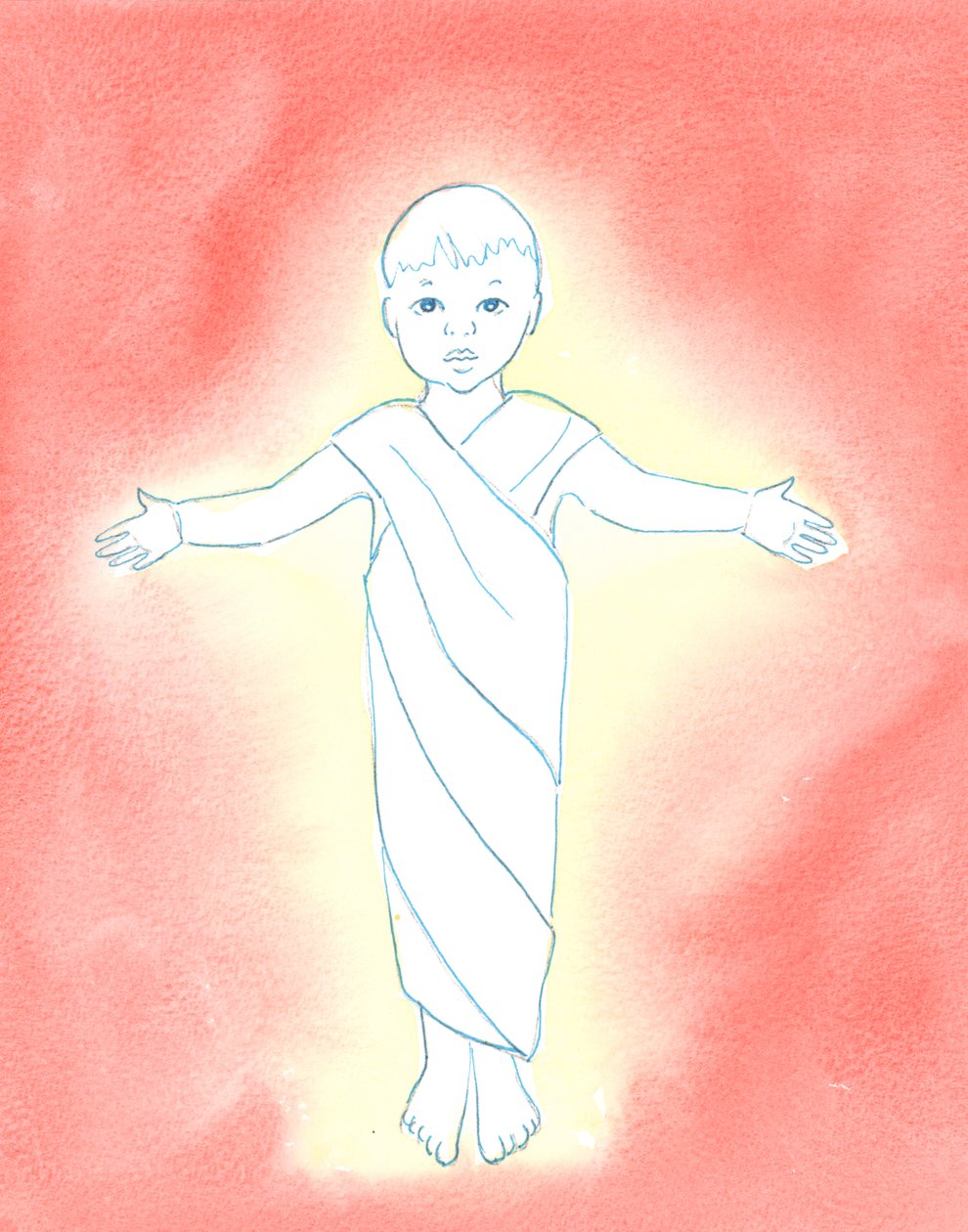 Jezus Chrystus jest prawdziwym Bogiem, który przyjął naszą ludzką naturę, mając pokorę i dobroć, aby przyjść do nas jako zwykłe niemowlę, 2003 (w/c na papierze) autorstwa Elizabeth Wang