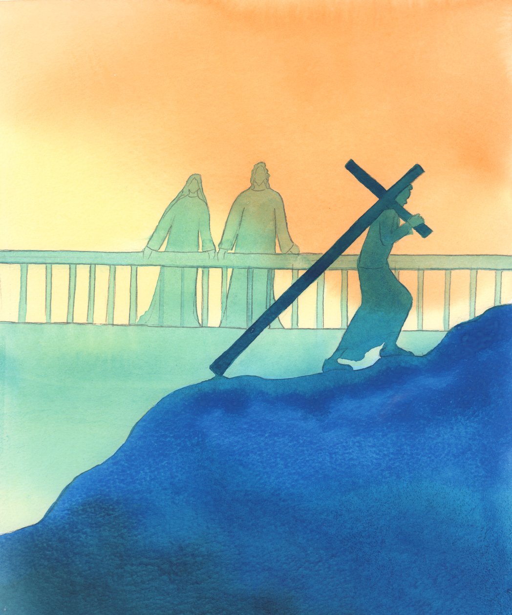 Jezus i Maryja patrzą na nas z czułością, gdy podążamy własną Drogą Krzyżową, 2000 (w/c na papierze) autorstwa Elizabeth Wang