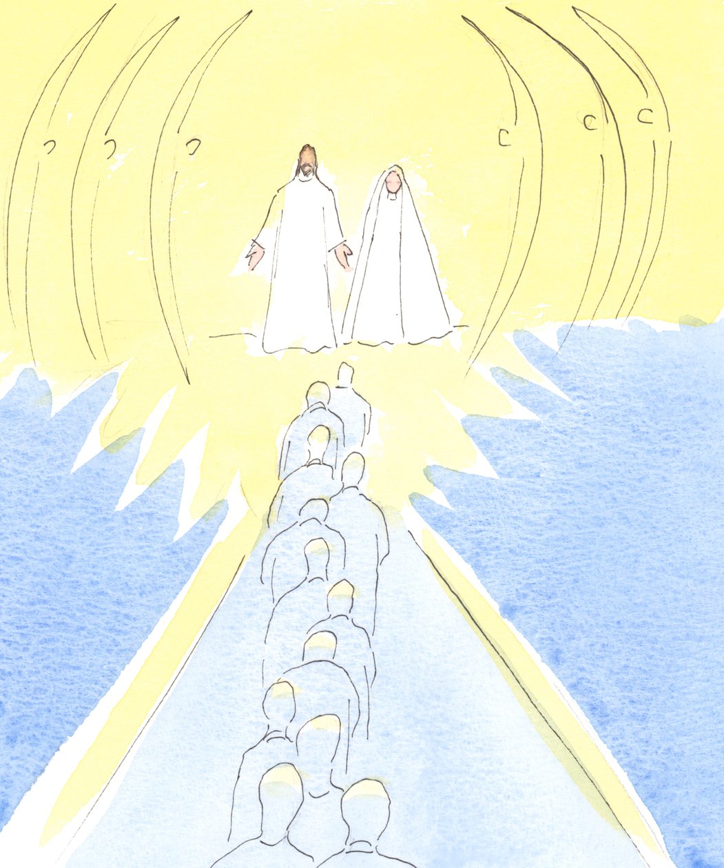 Jezus ukrzyżowany czeka u bram Nieba ze swoją matką Marią i świętymi aniołami, 2000 (w/c na papierze) autorstwa Elizabeth Wang