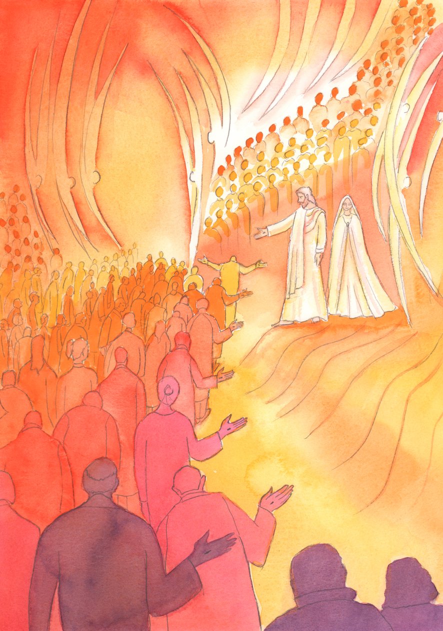 Jezus ukrzyżowany czeka u bram Nieba ze swoją matką Marią i świętymi aniołami, 2000 (w/c na papierze) autorstwa Elizabeth Wang