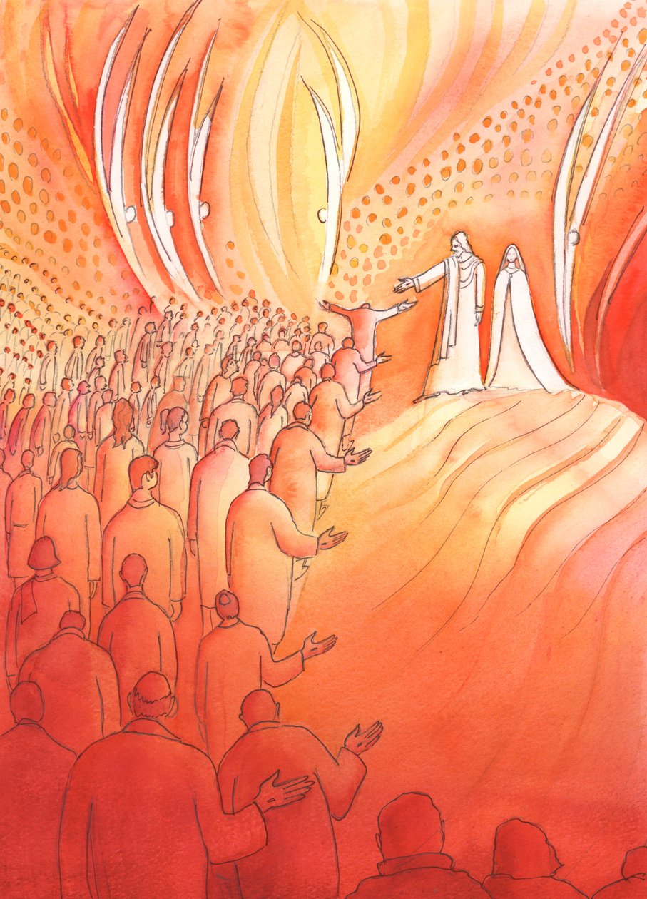 Jezus ukrzyżowany czeka u bram Nieba ze swoją matką Marią i świętymi aniołami, 2000 (w/c na papierze) autorstwa Elizabeth Wang
