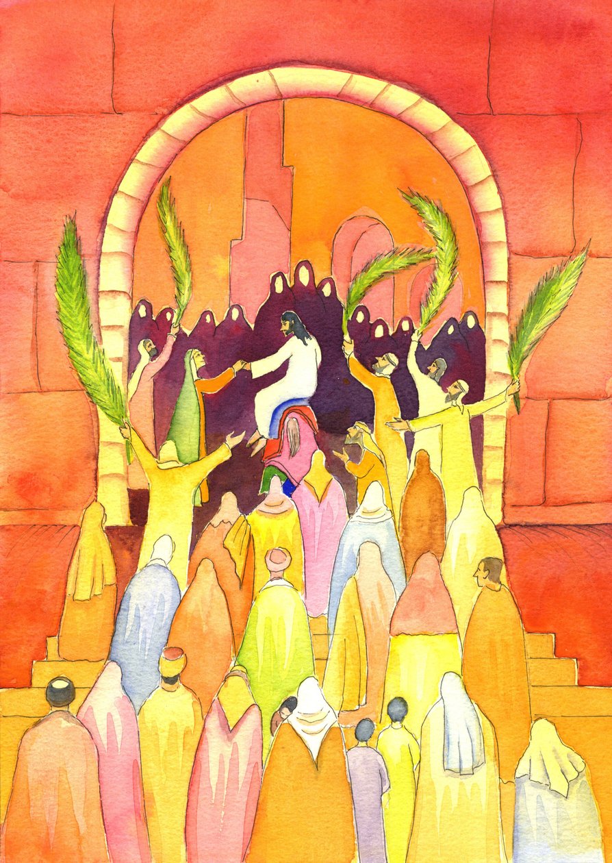 Jezus wchodzi do Jerozolimy w procesji (Niedziela Palmowa), 2001 (w/c na papierze) autorstwa Elizabeth Wang
