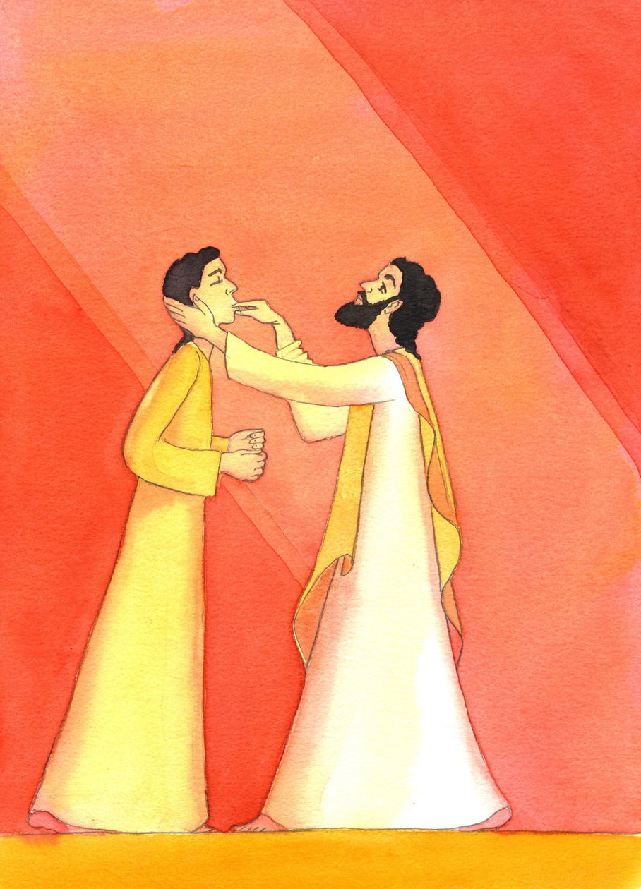 Jezus uzdrawia głuchego człowieka, gdy wznosi oczy do nieba, w modlitwie, 2001 (w/c na papierze) autorstwa Elizabeth Wang