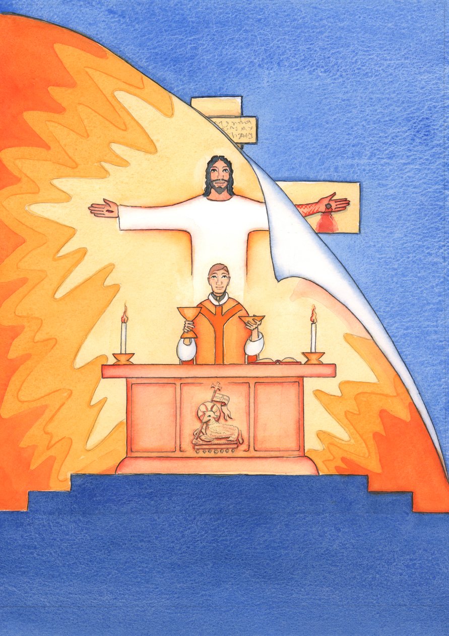 Jezus jest obecny z nami na Mszy św., modląc się w naszym imieniu do Ojca o pomoc w naszych potrzebach io zbawienie wieczne. Możemy połączyć wszystkie nasze modlitwy z Jego wielką modlitwą ofiarną, 2004 (w/c na pa autorstwa Elizabeth Wang
