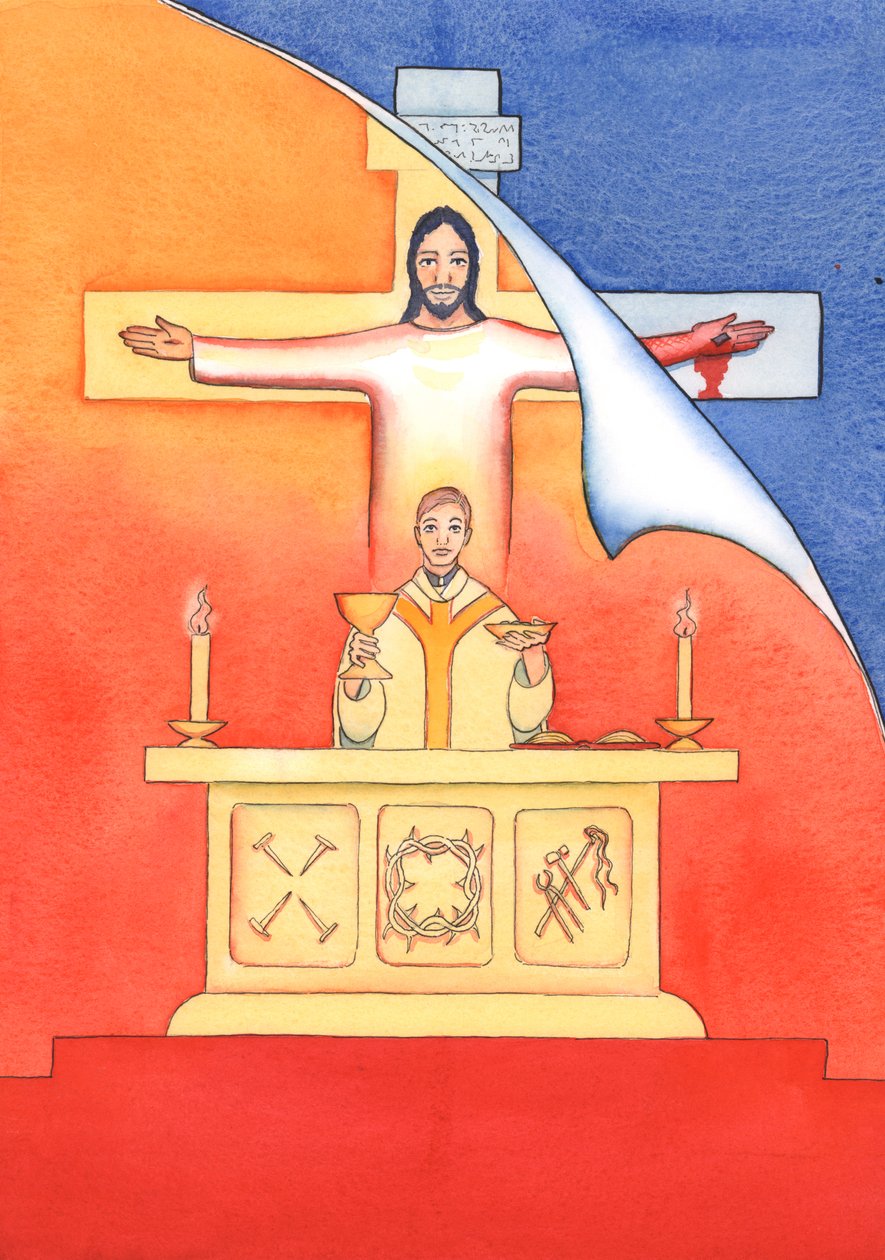 Jezus jest obecny z nami na Mszy św., modląc się w naszym imieniu do Ojca o pomoc w naszych potrzebach io zbawienie wieczne. Możemy połączyć wszystkie nasze modlitwy z Jego wielką modlitwą ofiarną, 2004 (w/c na pa autorstwa Elizabeth Wang