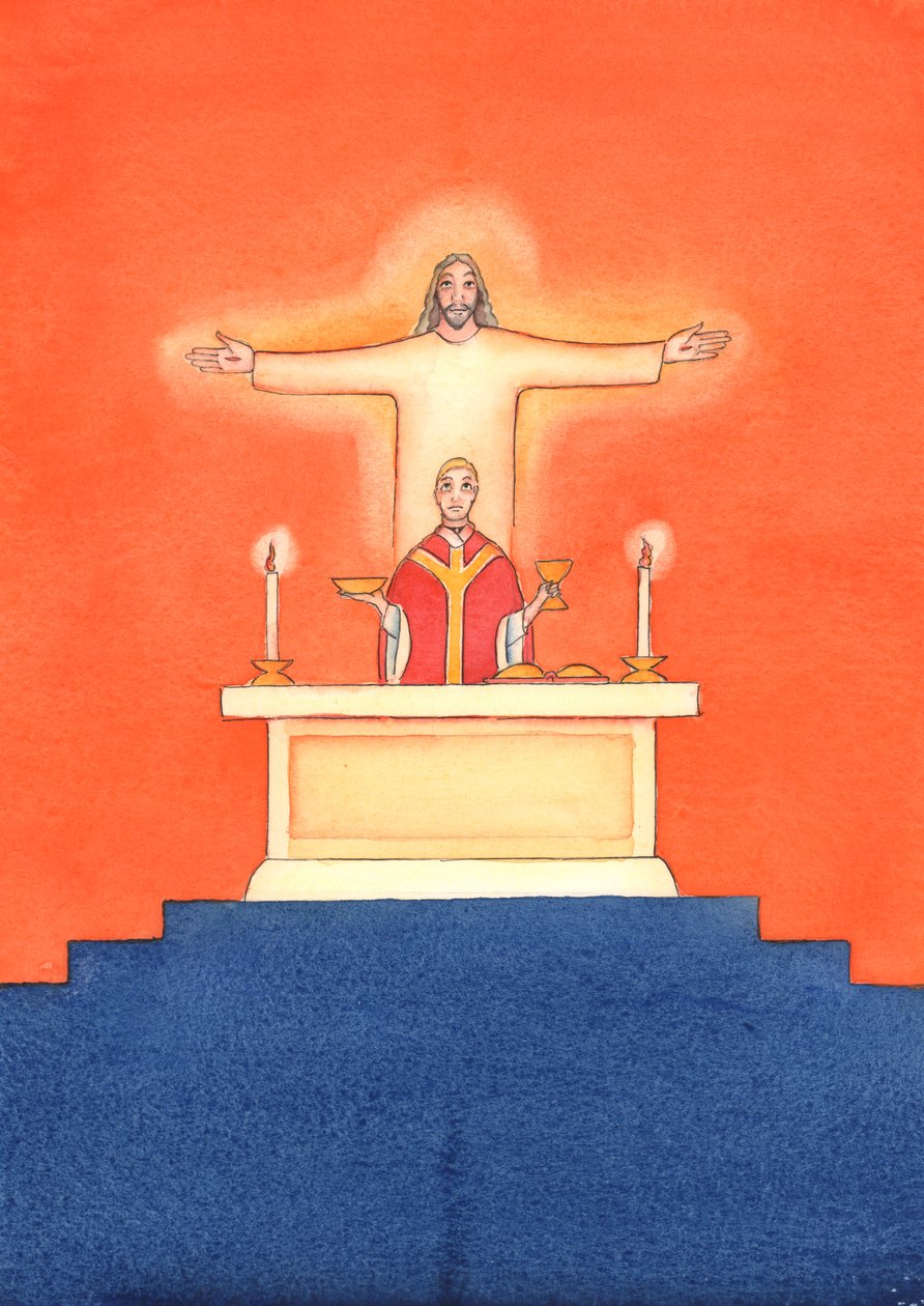 Jezus jest obecny z nami na Mszy św., modląc się w naszym imieniu do Ojca o pomoc w naszych potrzebach io zbawienie wieczne. Możemy połączyć wszystkie nasze modlitwy z Jego wielką modlitwą ofiarną, 2004 (w/c na pa autorstwa Elizabeth Wang