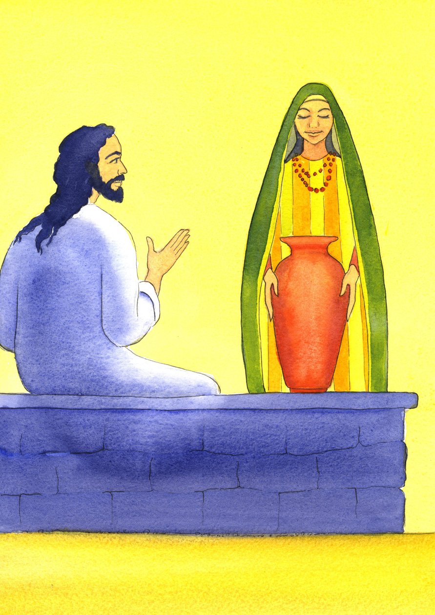 Jezus spotyka Samarytankę przy studni, 2001 (w/c na papierze) autorstwa Elizabeth Wang