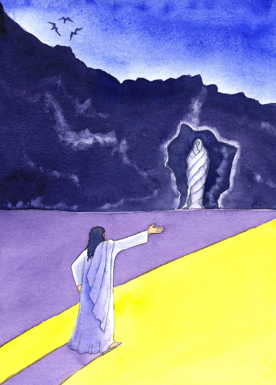 Jezus ożywia Łazarza, 2001 (w/c na papierze) autorstwa Elizabeth Wang
