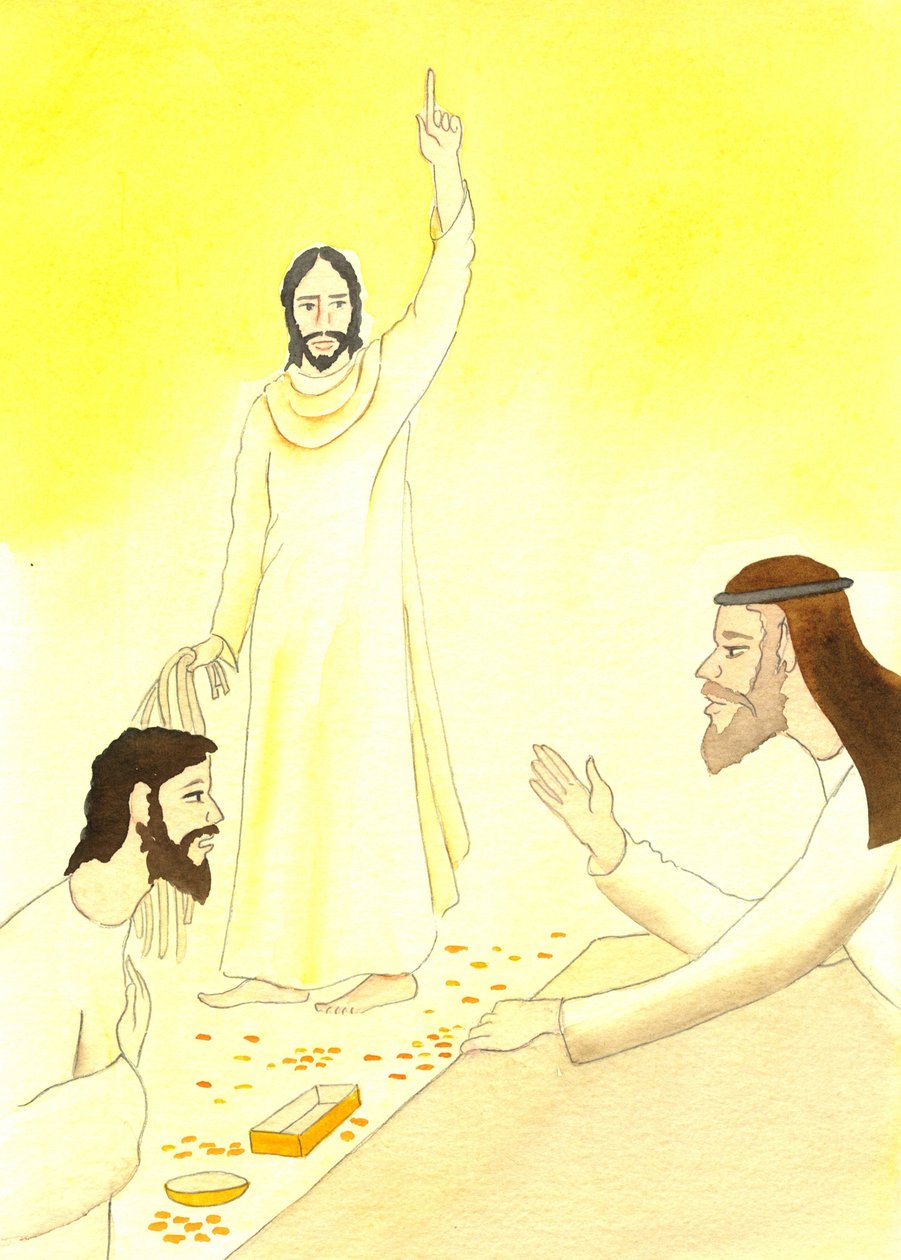 Jezus mówi do wymieniających pieniądze w Świątyni: Czy nie jest napisane: „Mój dom będzie nazwany domem modlitwy dla wszystkich narodów?”, 2001 (w/c na papierze) autorstwa Elizabeth Wang