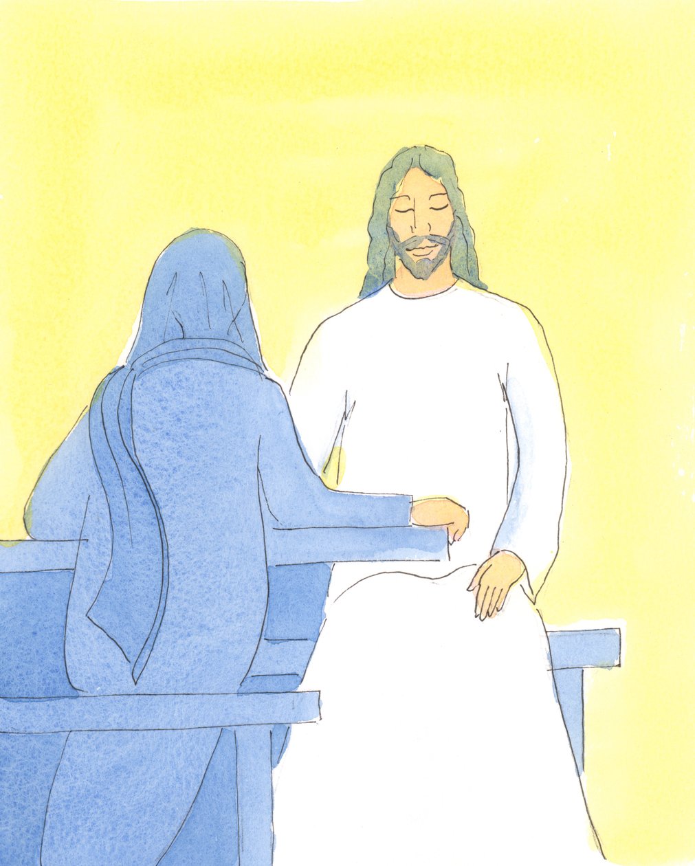 Jezus został odświeżony i radosny, siedząc ze swoimi przyjaciółmi w Betanii, w mile widzianej ciszy, 2004 r. (w/c na papierze) autorstwa Elizabeth Wang