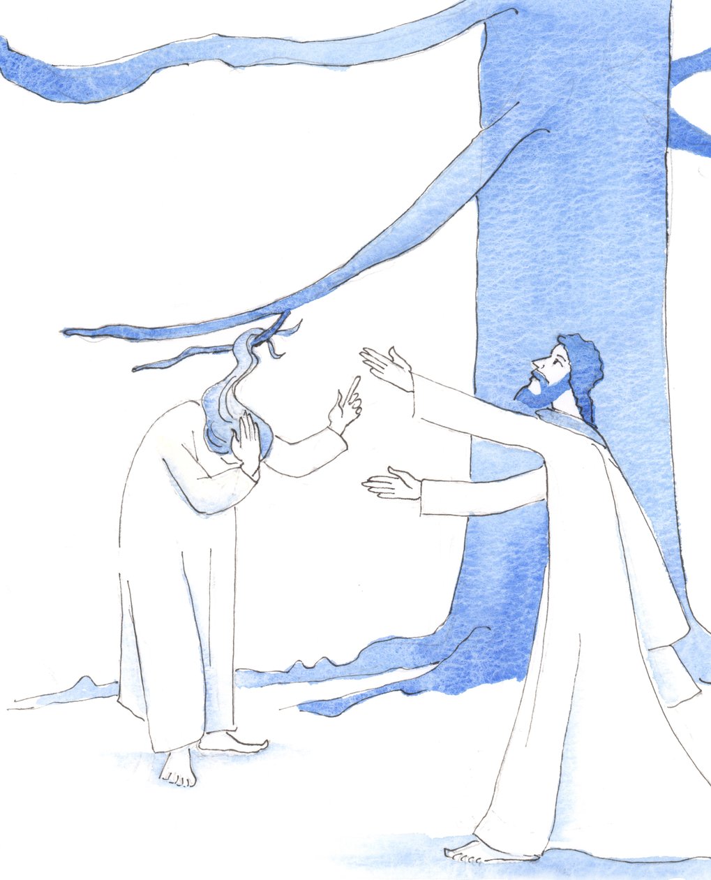 Jezus byłby pierwszym, który pomógłby przyjacielowi w potrzebie, 2005 (akwarela na papierze) autorstwa Elizabeth Wang