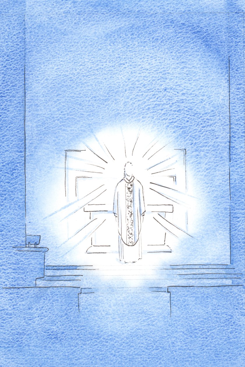 W święto Nawiedzenia ukazał się Chrystus ubrany w złoty ornat ku czci Jego Najświętszej Matki Marii, 2002 (w/c na papierze) autorstwa Elizabeth Wang