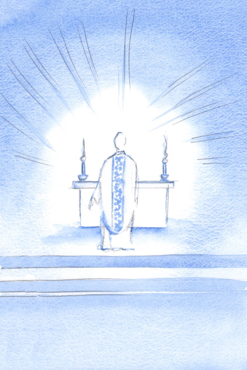 W święto Nawiedzenia ukazał się Chrystus ubrany w złoty ornat ku czci Jego Najświętszej Matki Marii, 2002 (w/c na papierze) autorstwa Elizabeth Wang