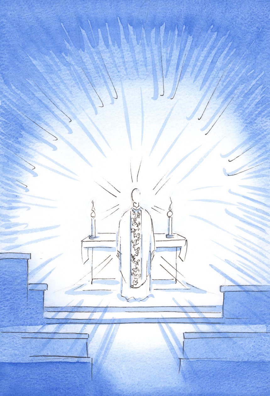 W święto Nawiedzenia ukazał się Chrystus ubrany w złoty ornat ku czci Jego Najświętszej Matki Marii, 2002 (w/c na papierze) autorstwa Elizabeth Wang