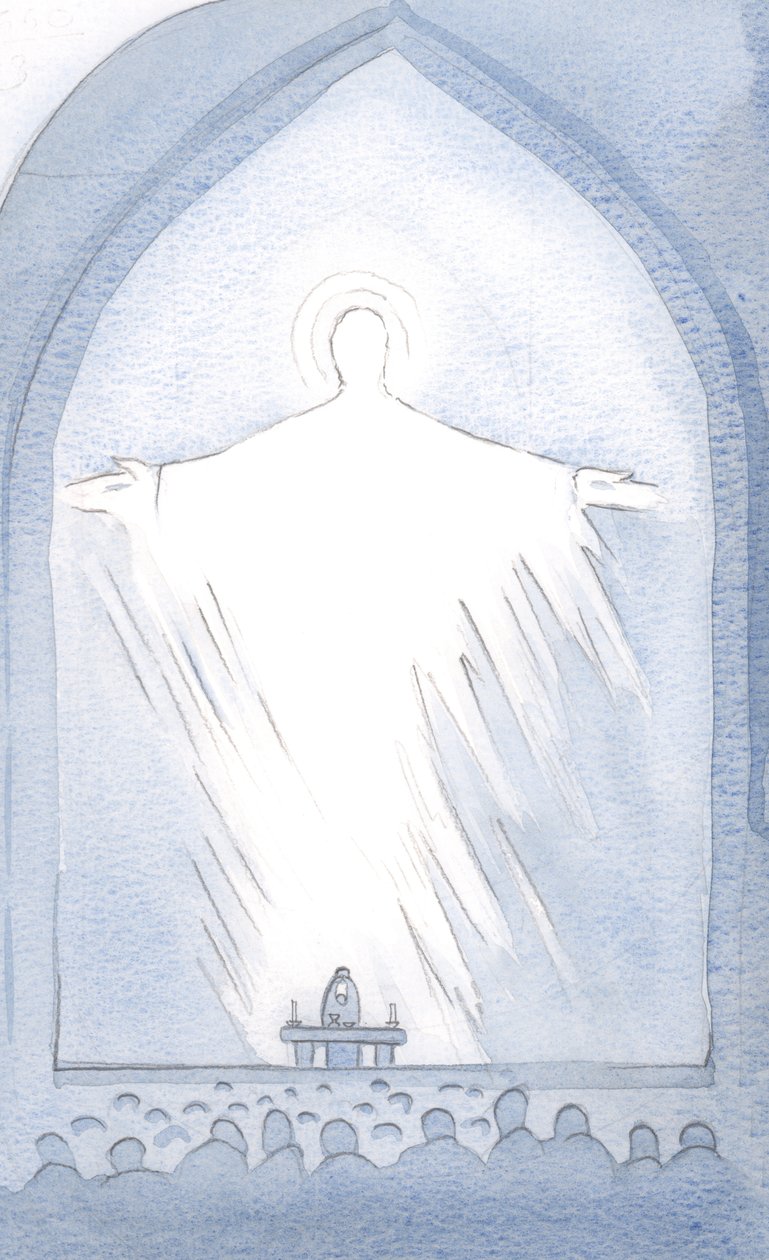 Pewnego dnia, podczas konsekracji, obecność Chrystusa wypełniła świątynię w chwale 2000 (w/c na papierze) autorstwa Elizabeth Wang