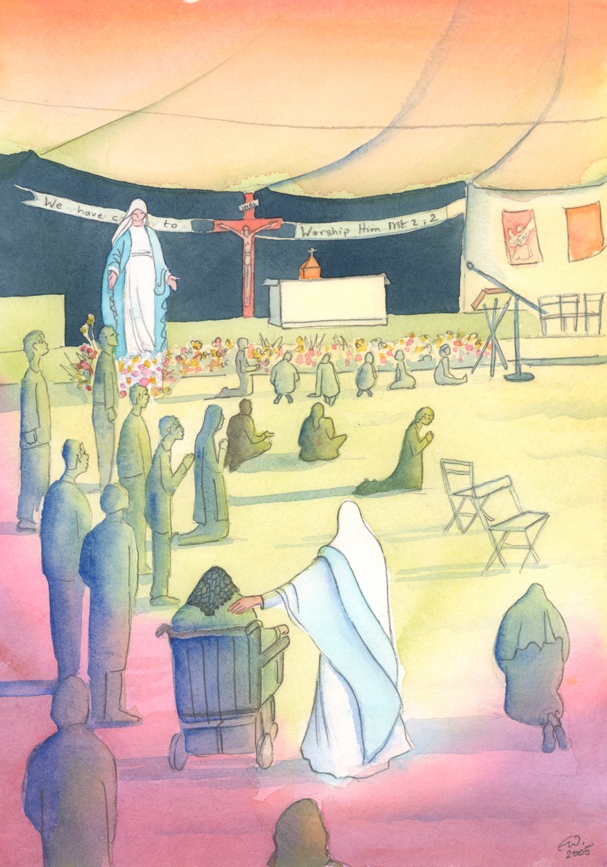 Matka Boża przychodzi, aby być z nami, kiedy czcimy Boga i czcimy Ją, 2004 (w/c na papierze) autorstwa Elizabeth Wang