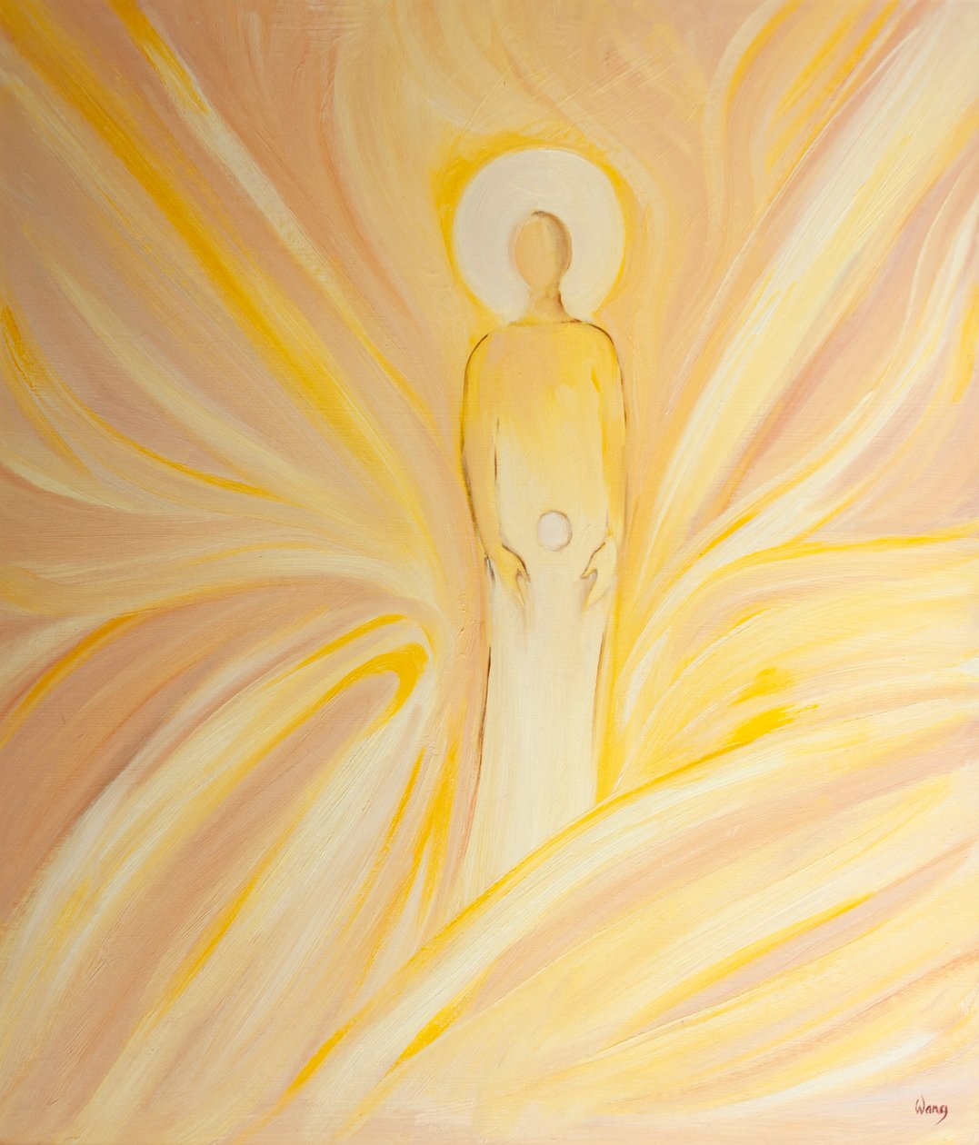 Św. Anna poczęła w swoim łonie Niepokalaną jak hostię; Najświętsza Maryja Panna, która miała zostać Matką Bożą, 2000 (olej na pokładzie) autorstwa Elizabeth Wang