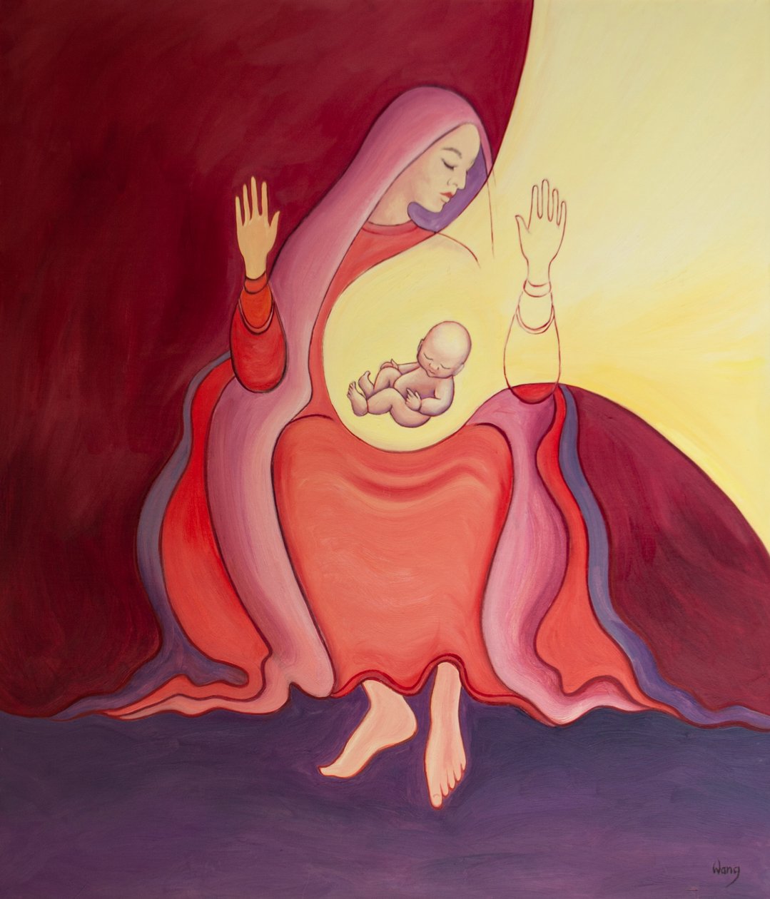 Najświętsza Maryja Panna to ?Święty Dom? która urodziła Syna Bożego w swoim łonie i jest na zawsze uhonorowana, 2001 (olej na pokładzie) autorstwa Elizabeth Wang