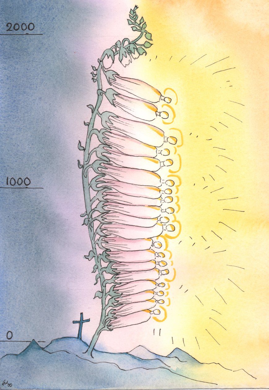 Kościół wypuszcza żywe pędy świętości, aby zakwitły w każdym wieku, 2003 (w/c na papierze) autorstwa Elizabeth Wang