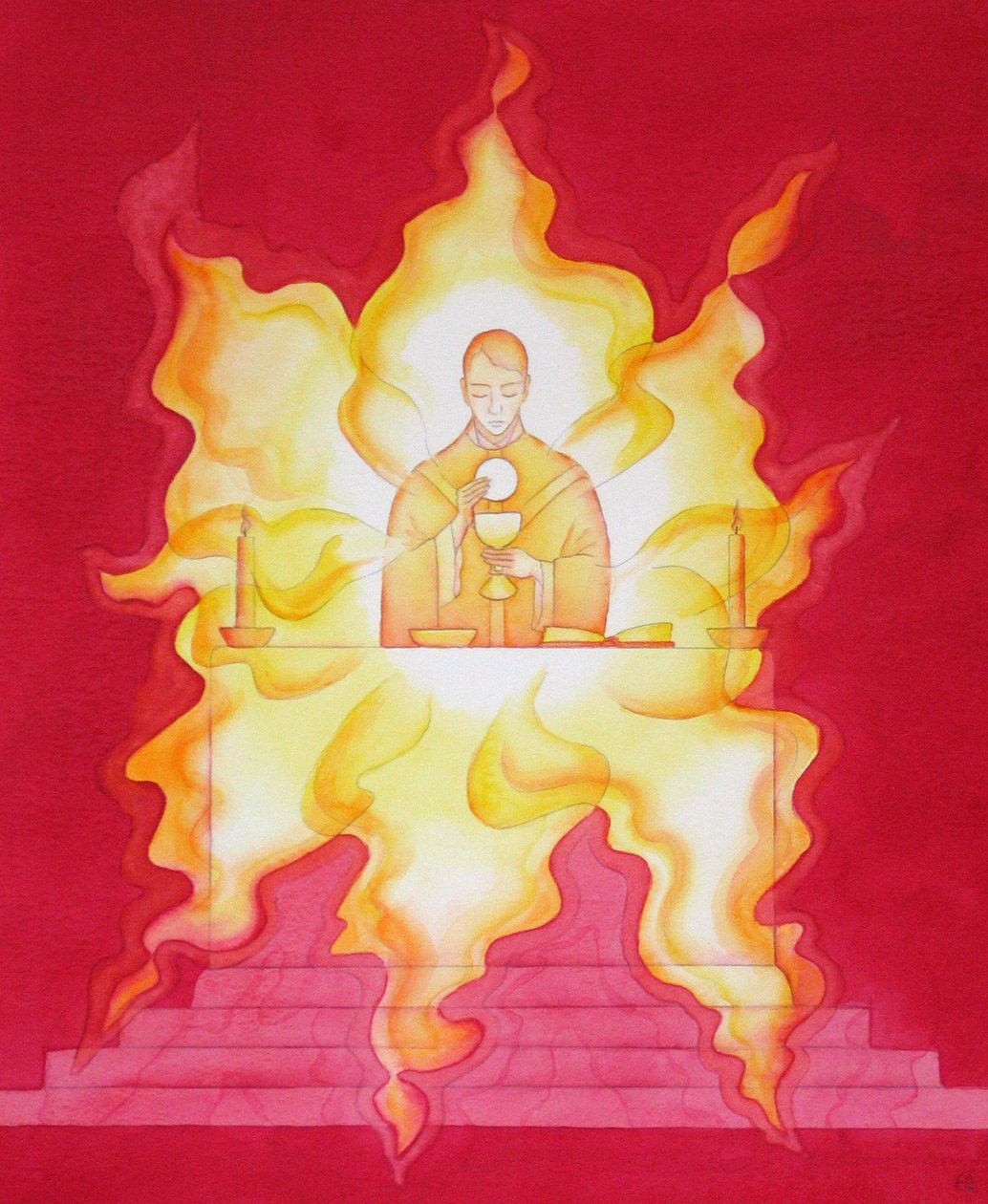 Obecność Jezusa w Eucharystii jest jak płonący ogień chwały, 2001 (w/c na papierze) autorstwa Elizabeth Wang