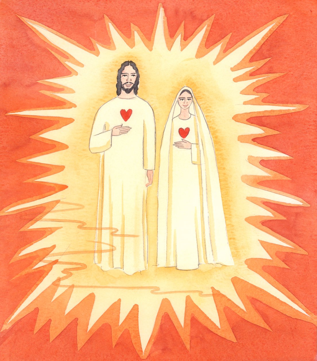 Dwa Święte Serca: Pokazano mi bezgrzesznego Chrystusa i Jego Niepokalaną Matkę w Promienistym Świetle Nieba, 2003 (w/c na papierze) autorstwa Elizabeth Wang