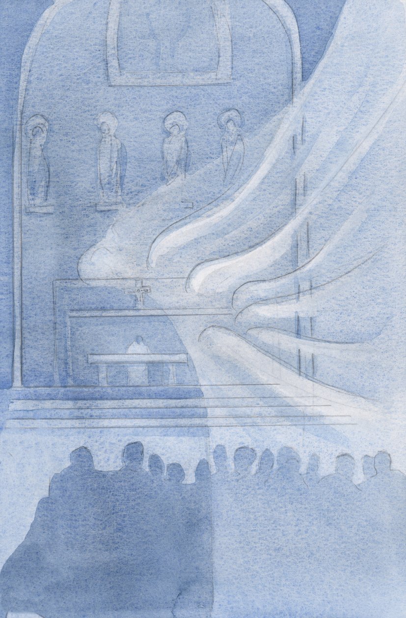 Aniołowie adorują Chrystusa w Najświętszej Eucharystii, 2001 (w/c na papierze) autorstwa Elizabeth Wang